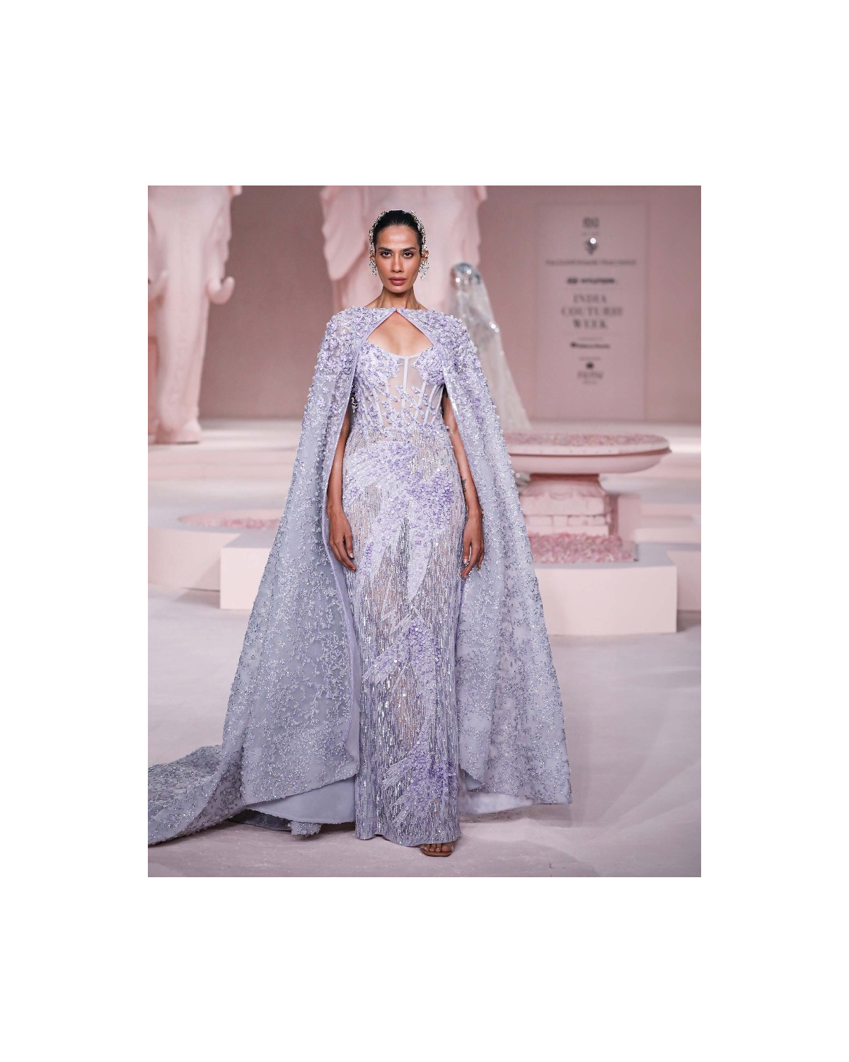 Julianne Misty Lilac Corset Gown with Crystal Embellishments & Floral Cape
