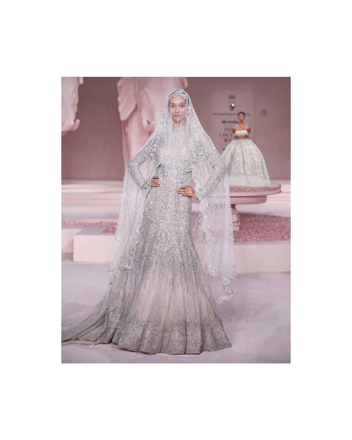 June Light Pink Full-Sleeved Mermaid Gown with Silver Embroidery
