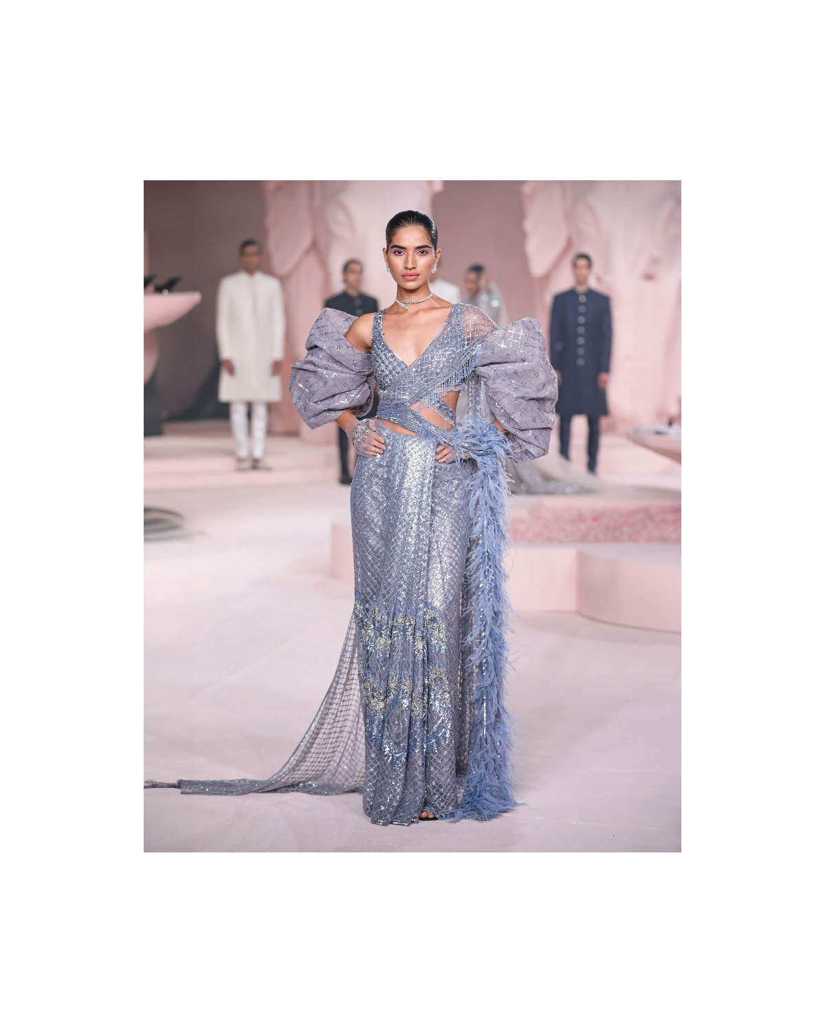 Myah Blue Saree Gown with Gunmetal Embroidery & Sequins