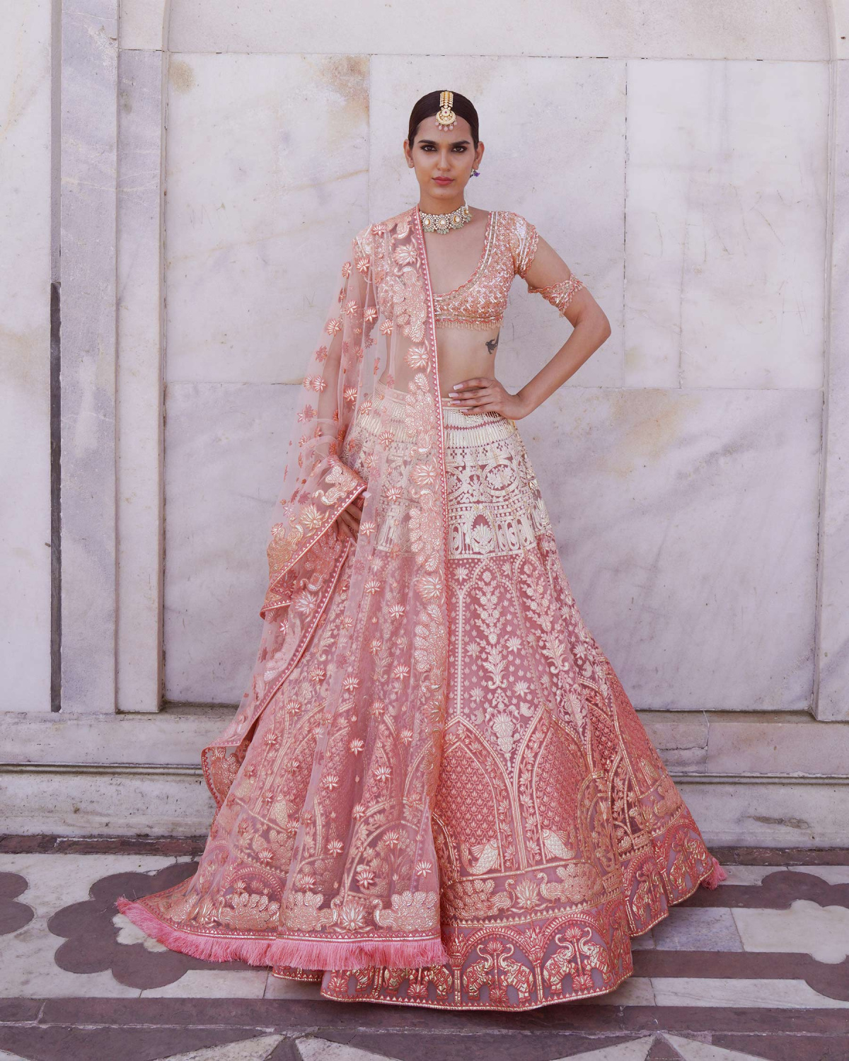 Myra Coral Ombre Lehenga Set With Foliage
