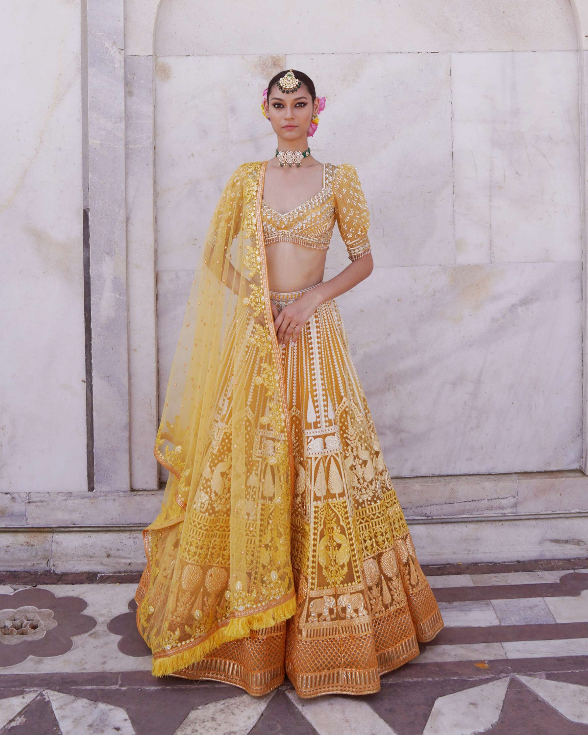 Nadia Marigold Yellow, Ombre Lehenga Set With Tulle Dupatta