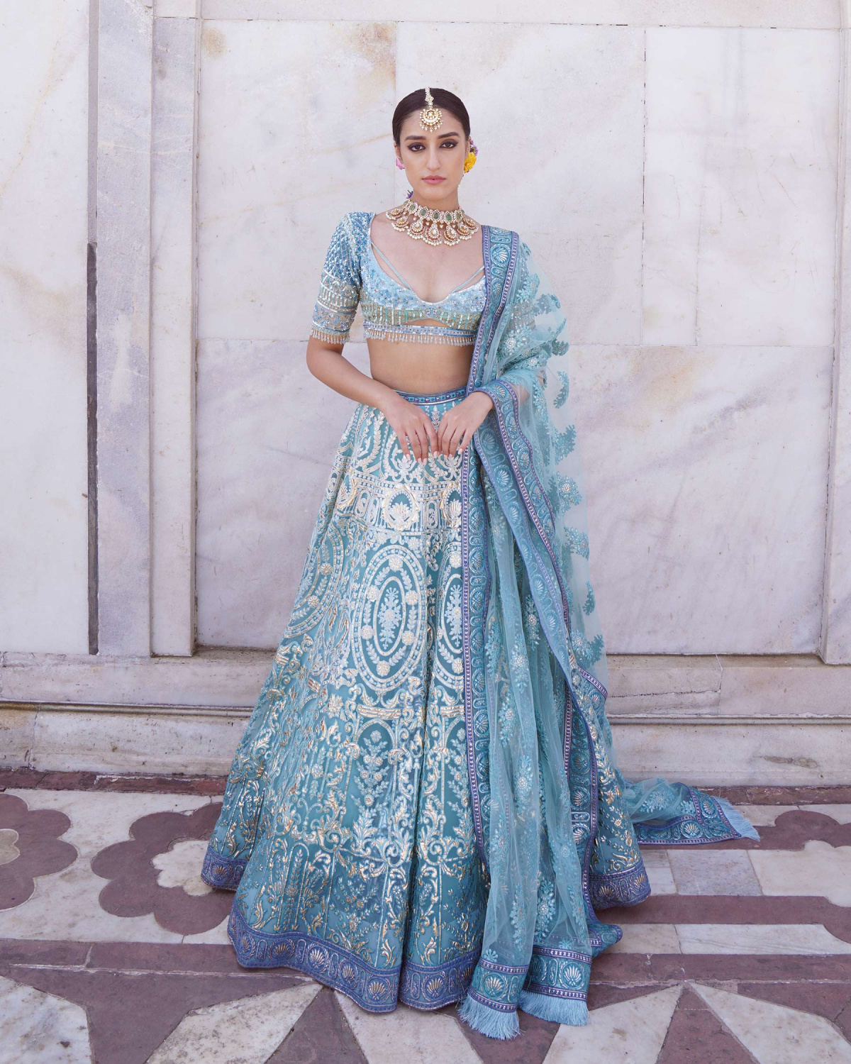 Natasha Sky Blue, Ombre Lehenga Set With Foliage Motifs