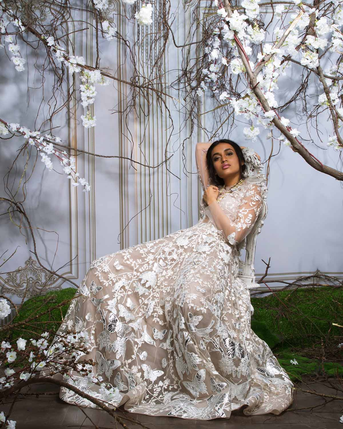Nude White Embroidered Gown