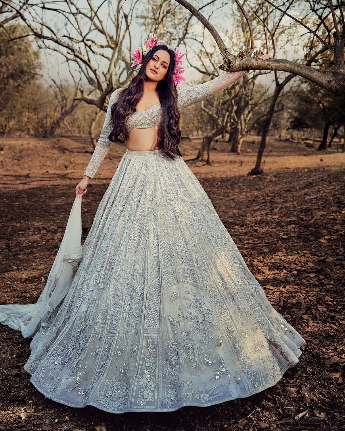 Sonakshi Sinha Ivory Hued, Crystals Encrusted, Embroidered Lehenga Set