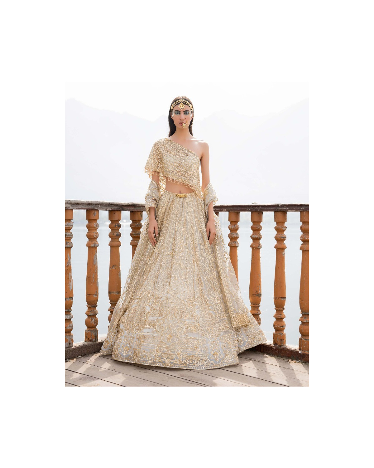 Amia Light Sage Green Lehenga Set With Golden Chrome Applique