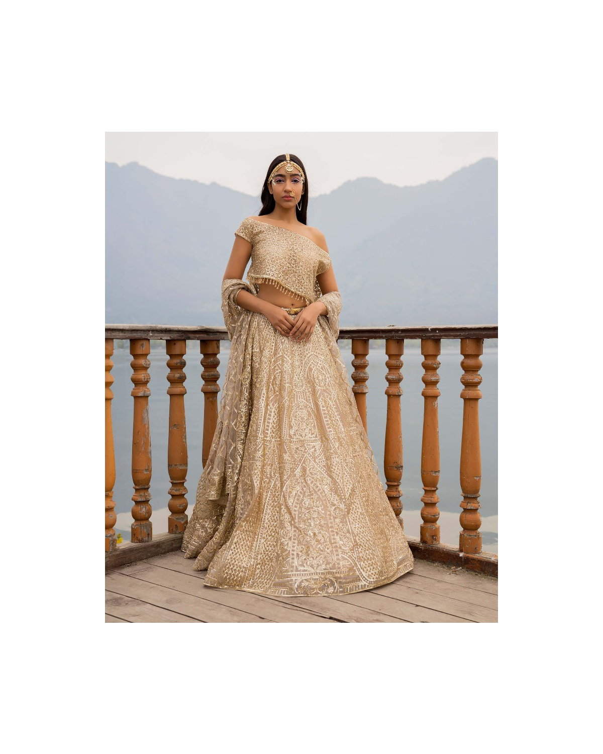 Alissa Beige Lehenga Set With Golden Chrome Applique