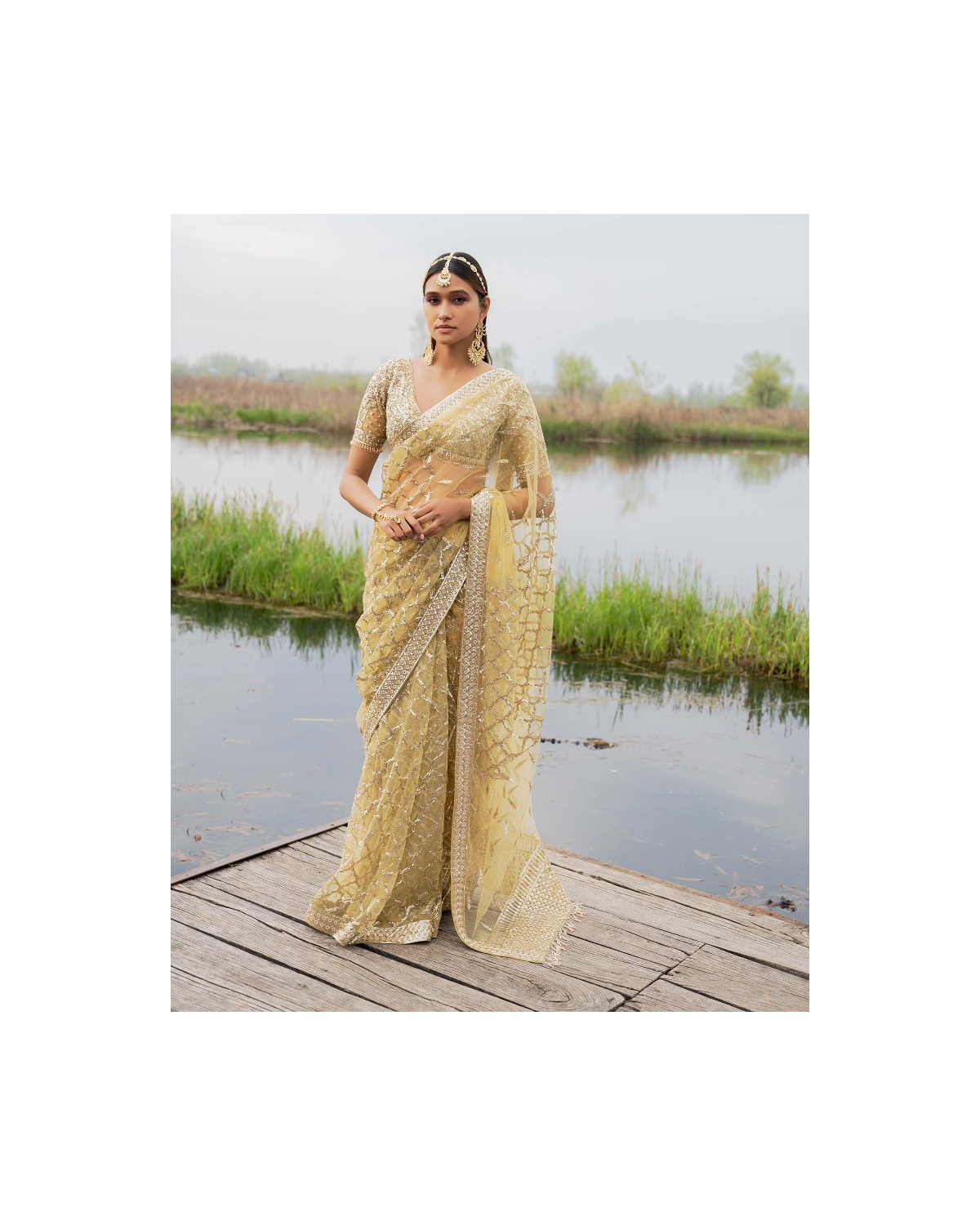 Colette Sunshine Yellow Printed Chrome Appliqué Saree with Crystal & Sequin Work