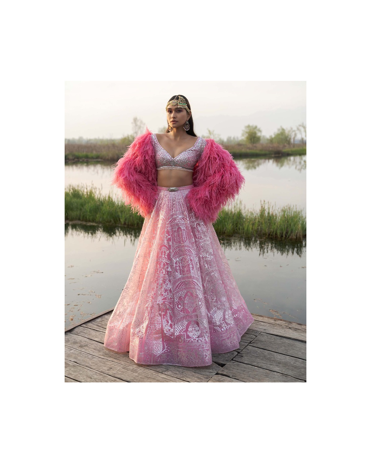 Aileen Pink Carnation Lehenga Set With Feathered Shrug