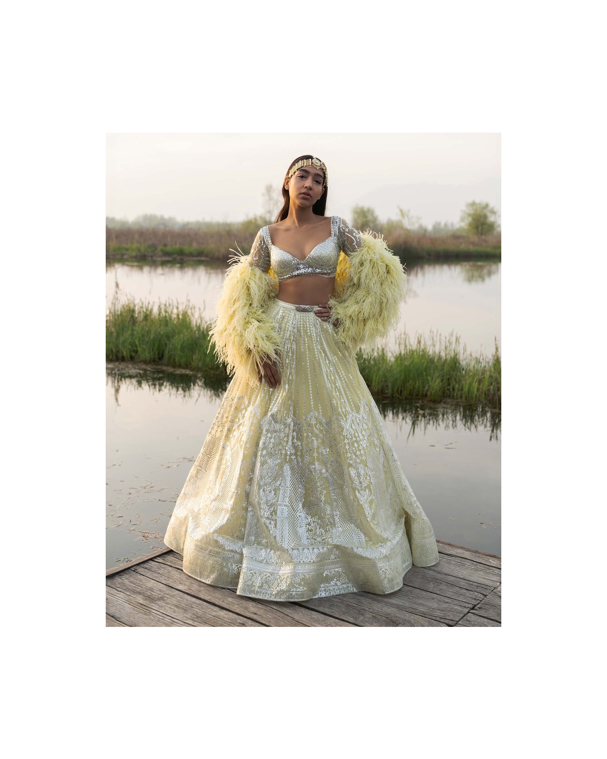 Adelaide Yellow Iris Lehenga Set With Half-sleeved Embroidered