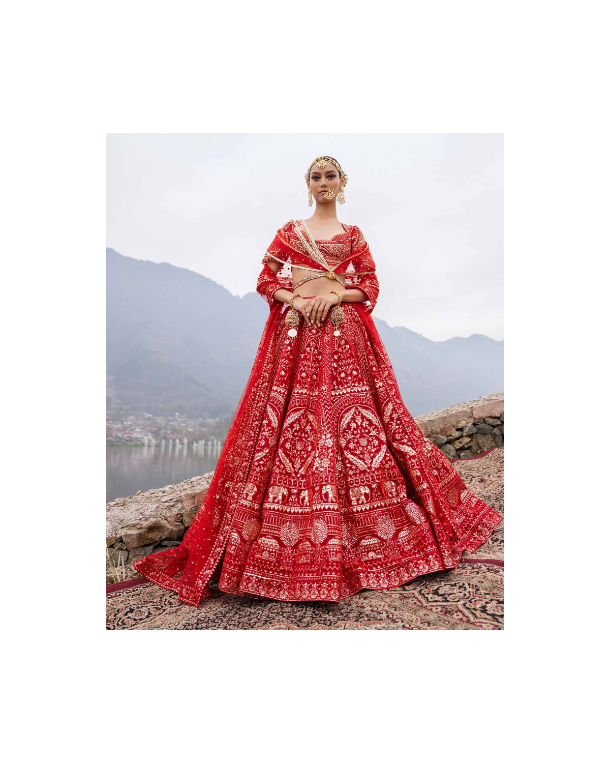 Elliana Red Lehenga Set Featuring Architectural And Floral Motifs