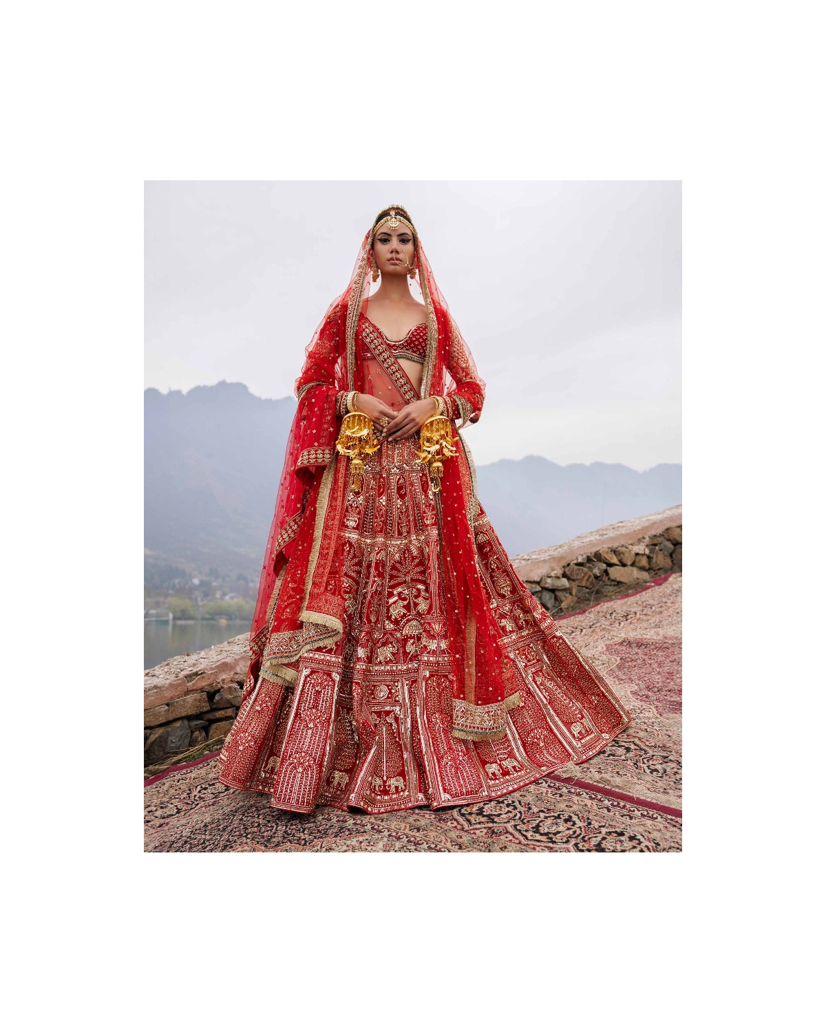 Elin Red Lehenga Set With Golden Chrome Applique