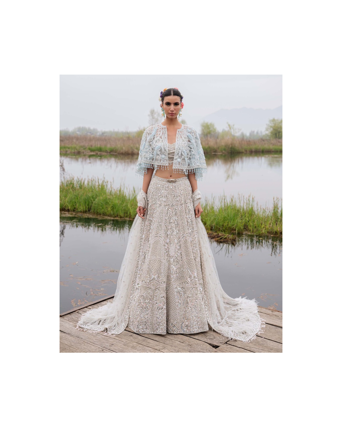 Gwendolyn Light Beige-based, Silver Lehenga Set With Half-sleeved Blouse