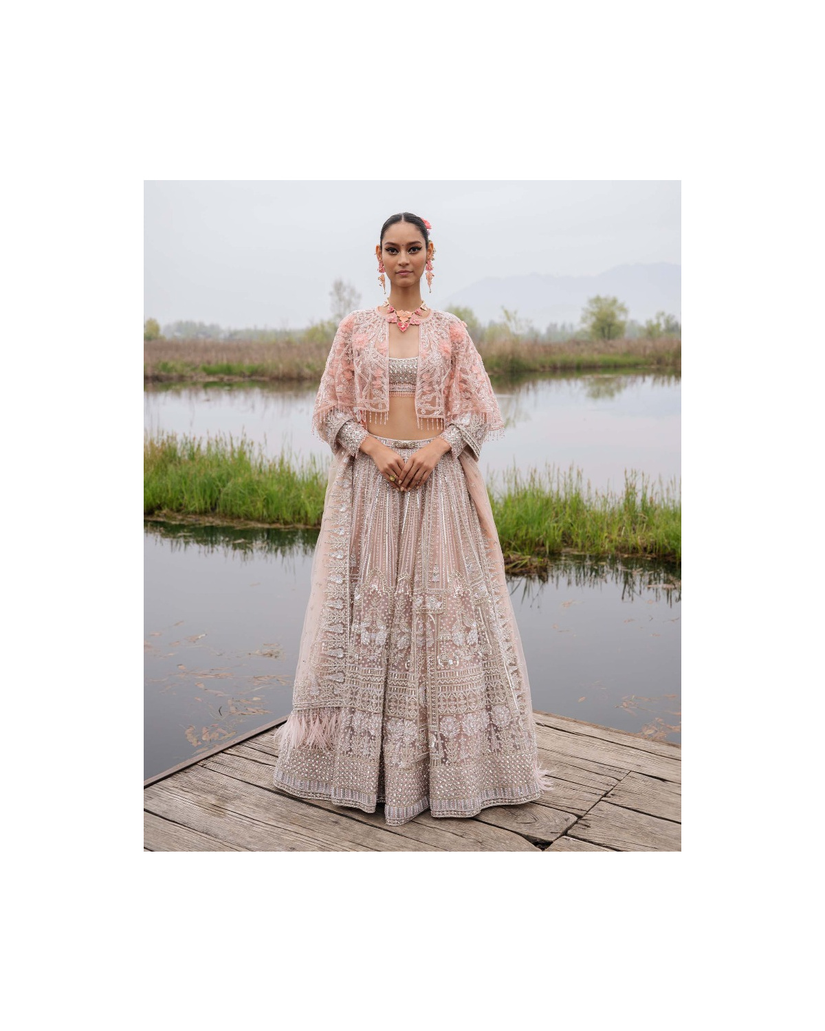 Farrah Powder Pink-based, Silver Lehenga Set With Bordered Tulle Dupatta