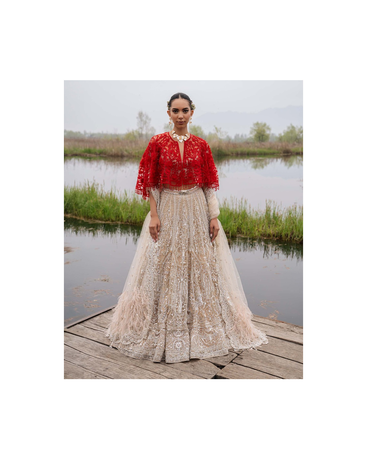 Esmerelda Beige-based, Silver Lehenga Set With Crystals And Beads