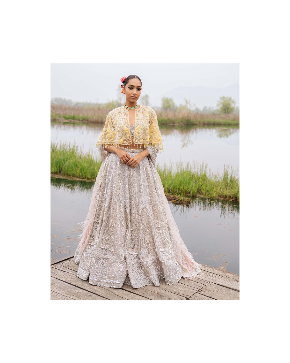 Emery Faded Peach-based, Silver Lehenga Set With Crystals And Pearls