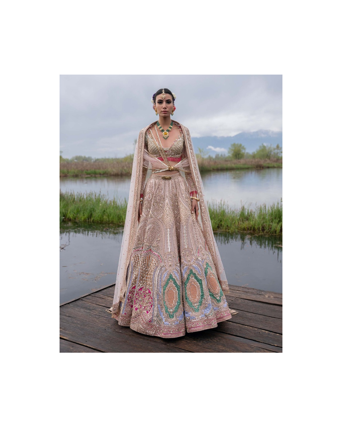 Jacqueline Rose Quartz Pink-based, Multicoloured Lehenga Set With Tulle Drape