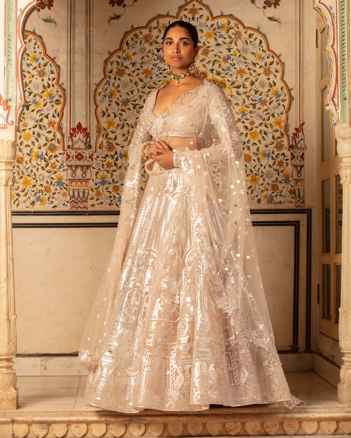 Jolene Lehenga Set Beige Silver Architectural Floral Motifs