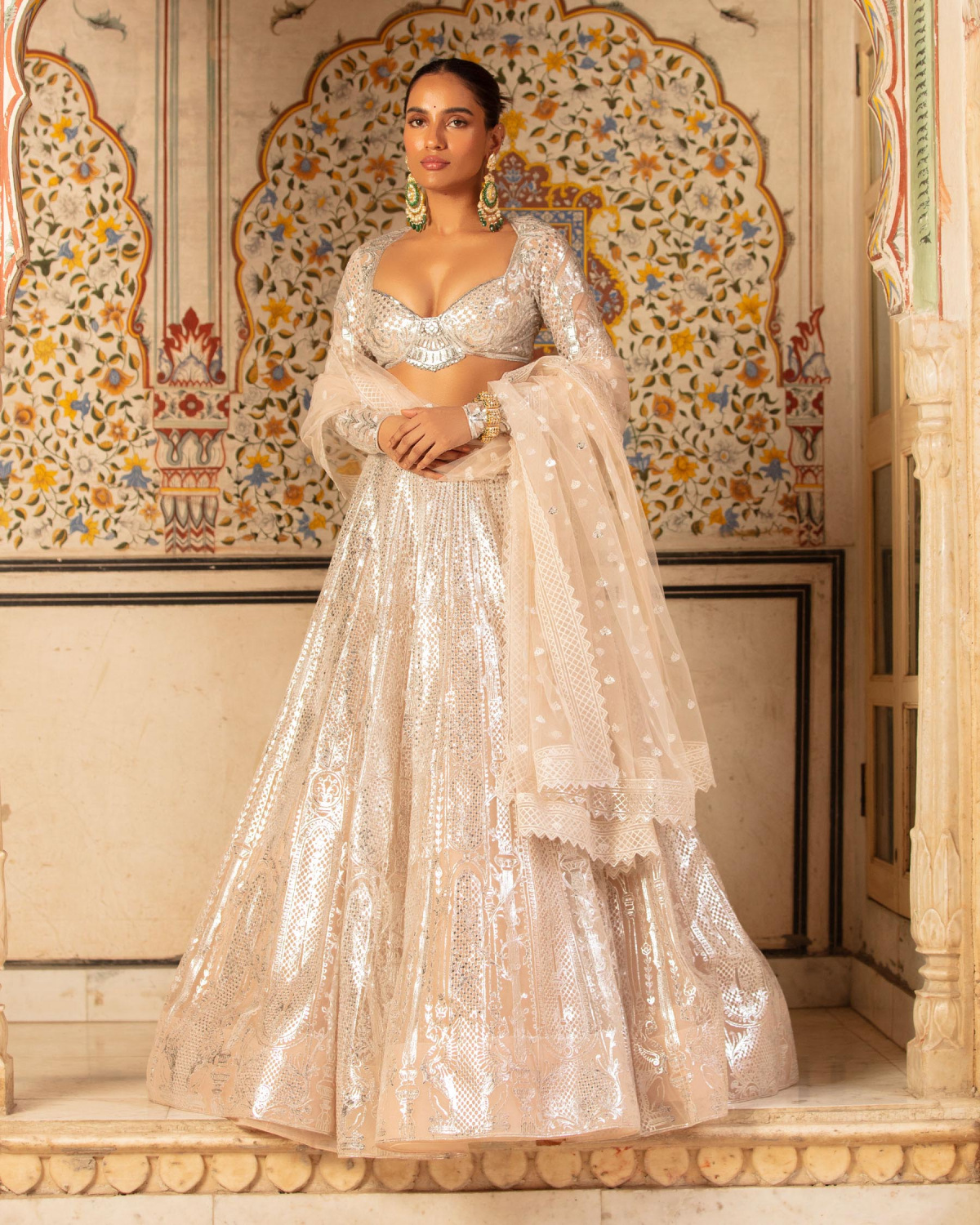 Harper Lehenga Set Peach Silver Architectural Floral Motifs