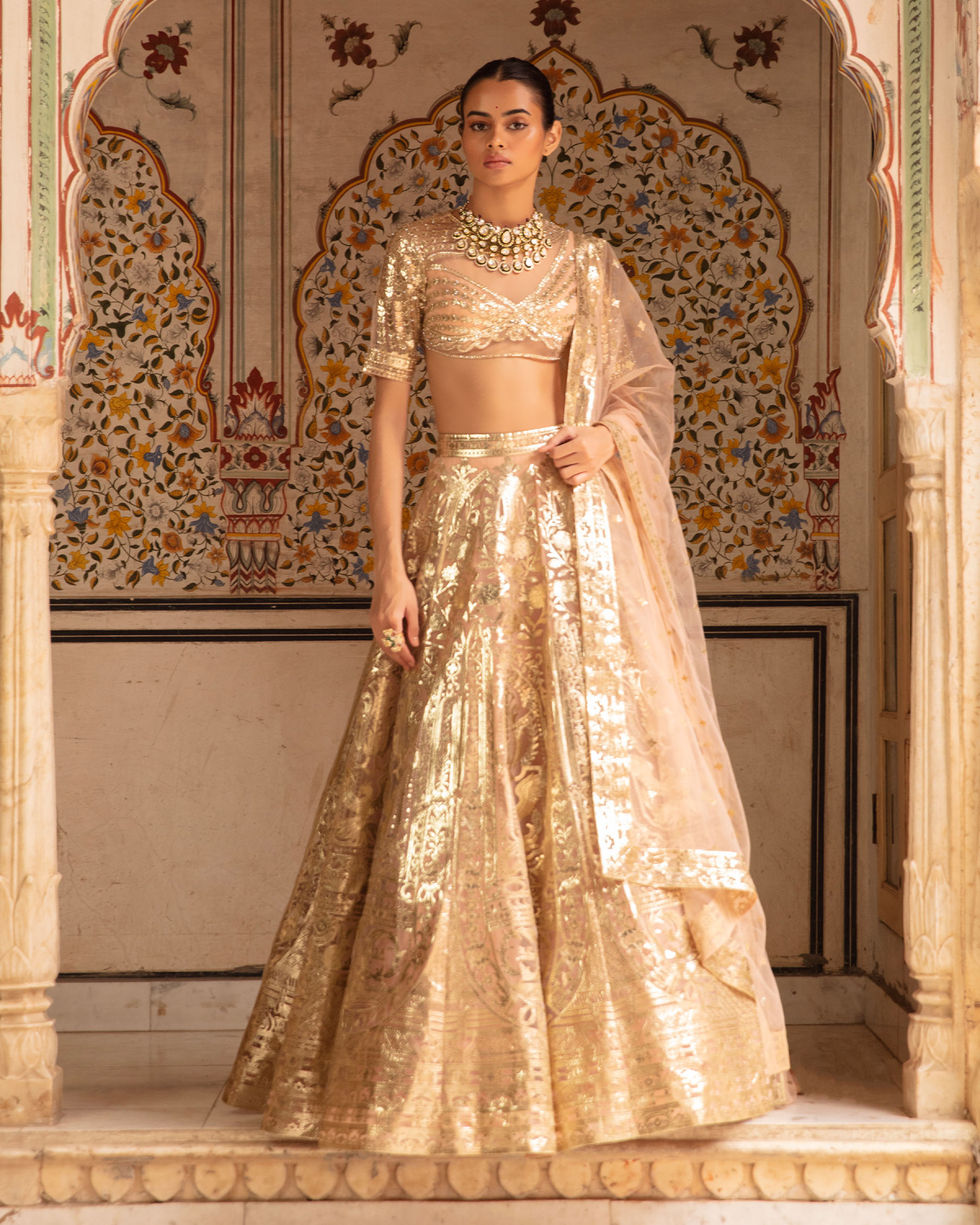 Jillian Lehenga Set English Rose Pink Light Gold Floral Motifs