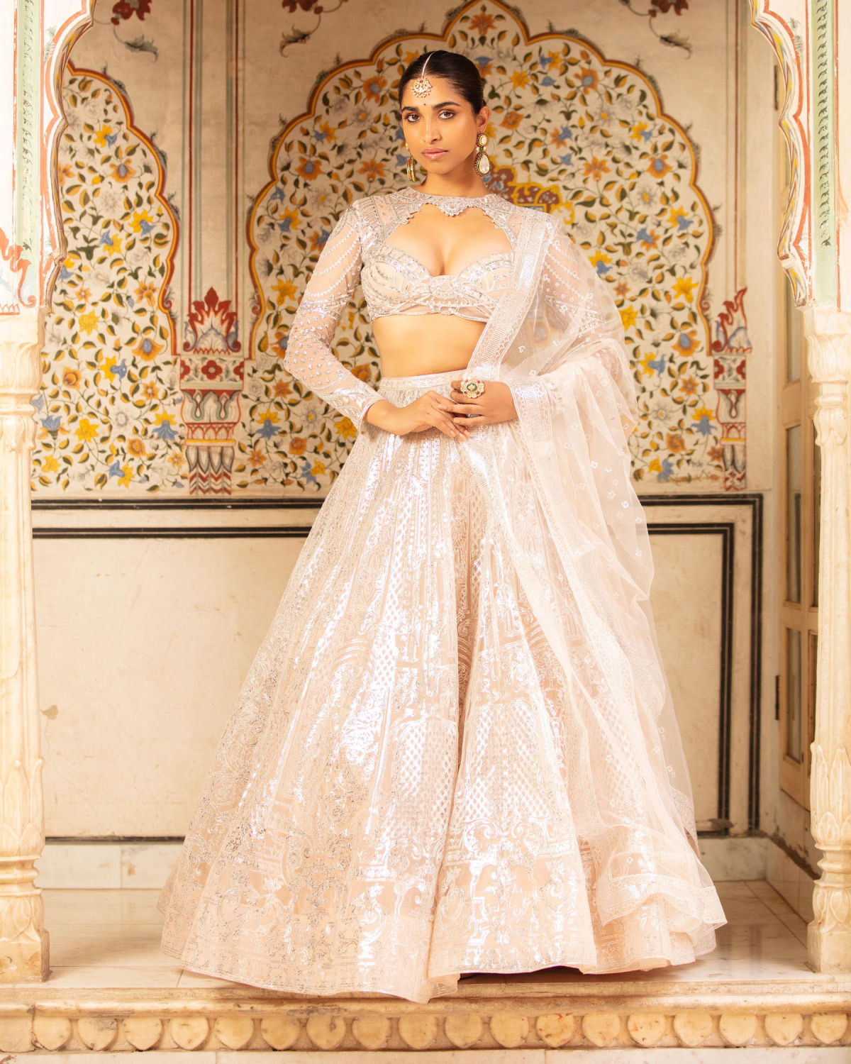 Jessie Lehenga Set Beige Silver Architectural Floral Motifs