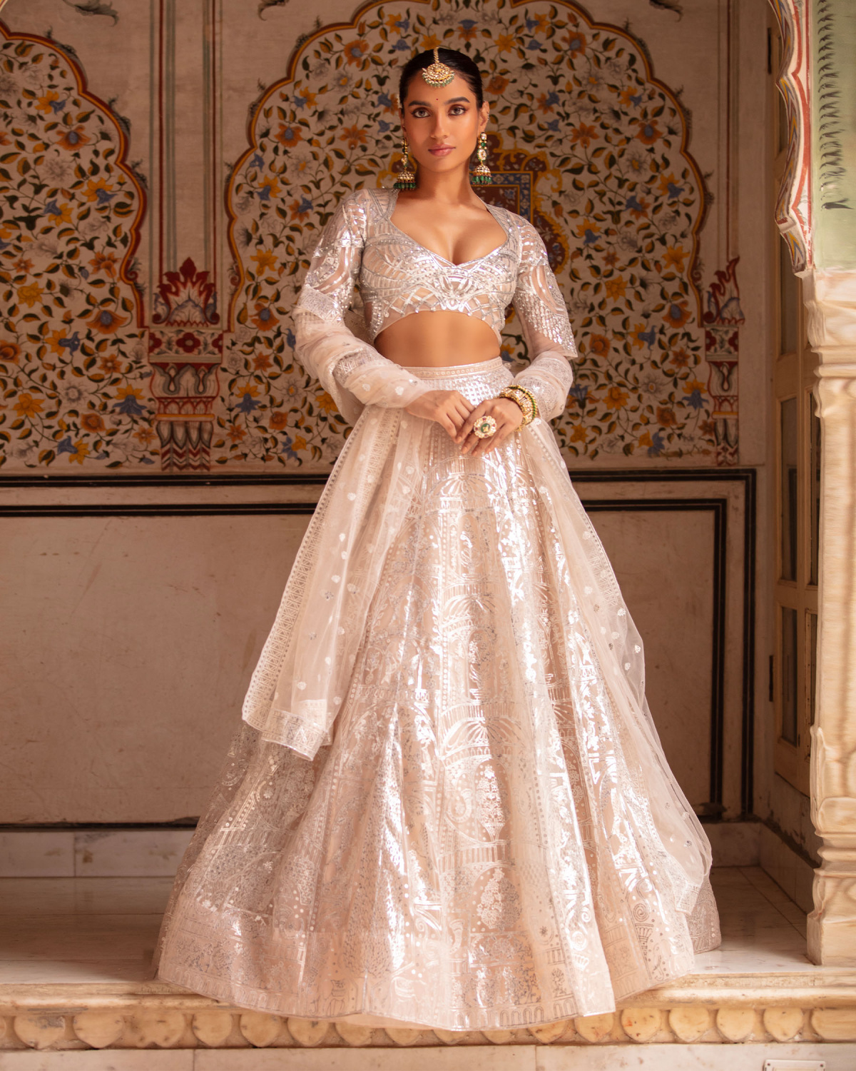 Mylah Lehenga Set Beige Silver Architectural Floral Motifs
