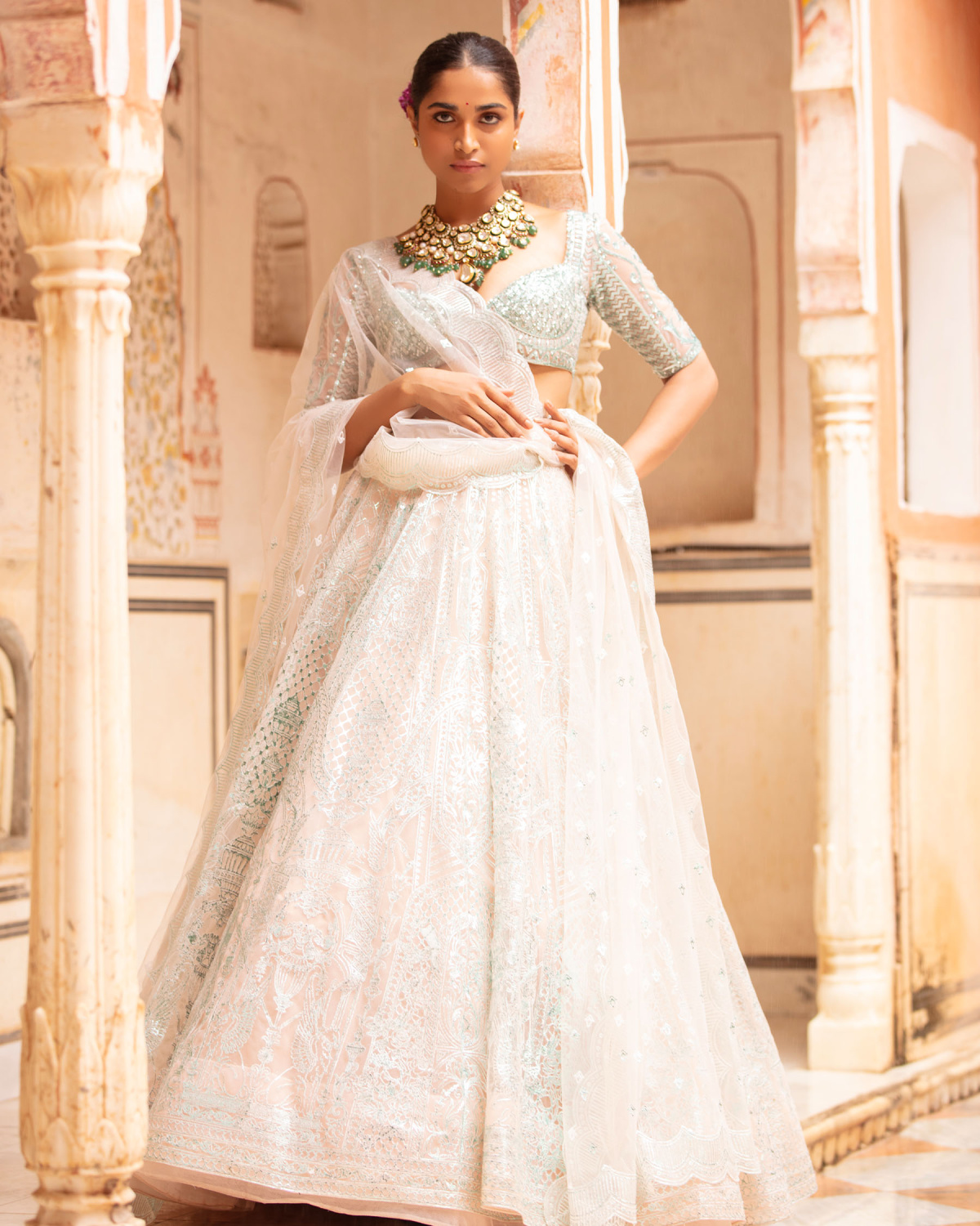 Ingrid Lehenga Set Faded Peach Sea Blue Architectural Motifs