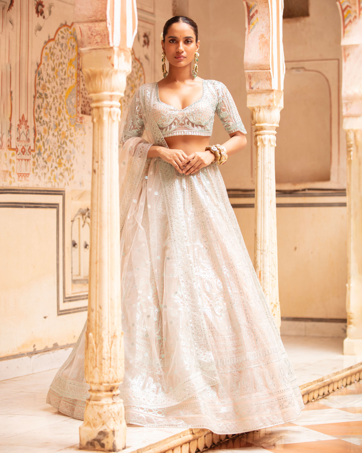 Heidi Lehenga Set Faded Peach Sea Blue Architectural Motifs