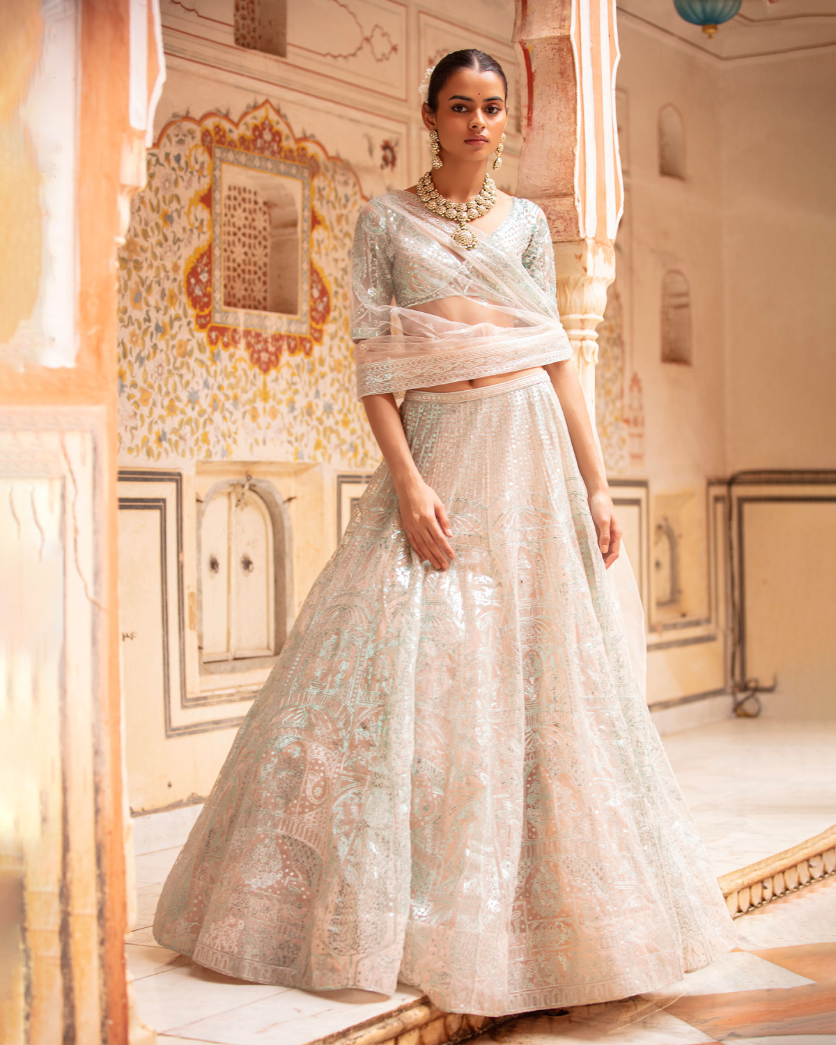 Heather Lehenga Set Faded Peach Sea Blue Architectural Motifs