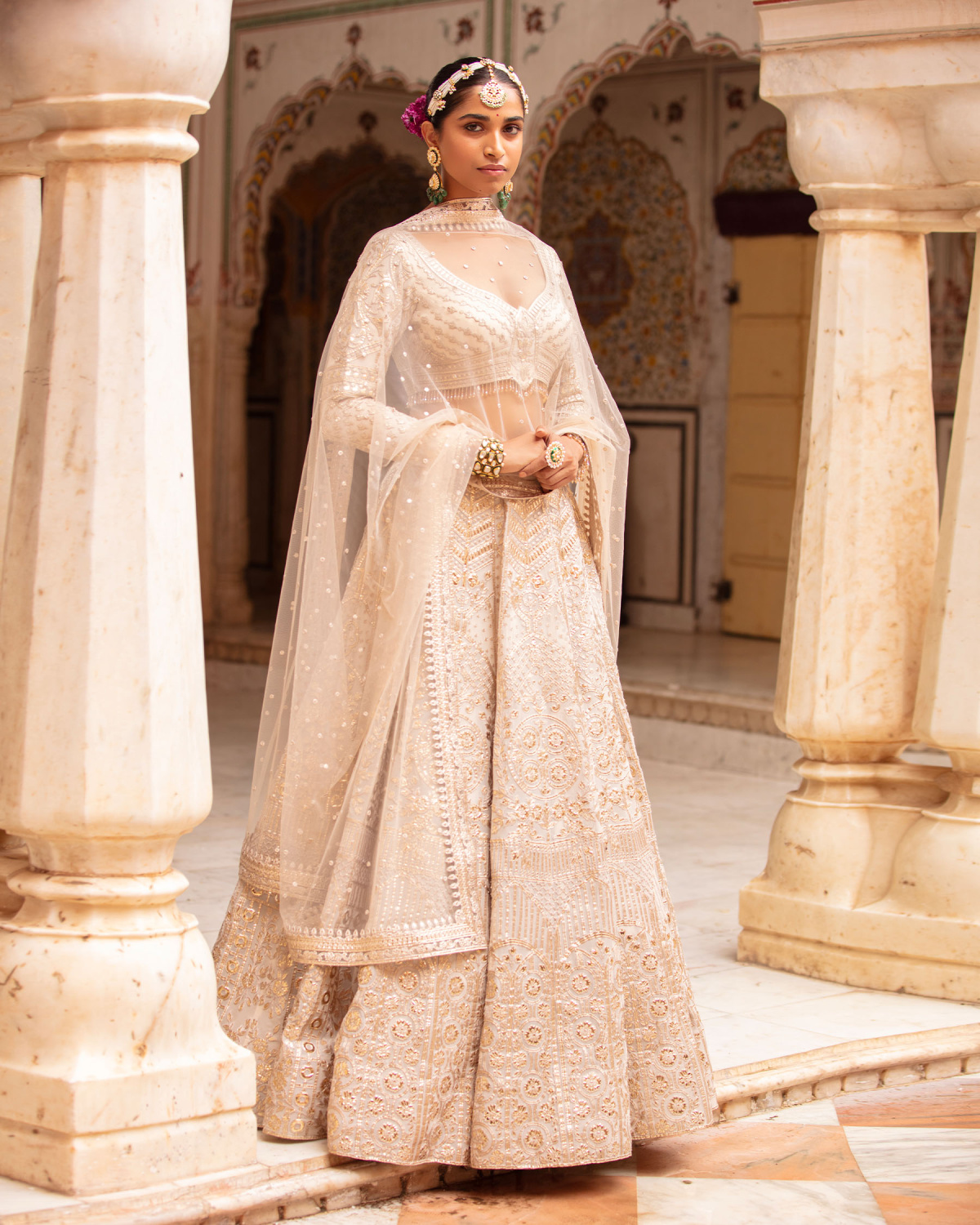 Hailee Powder Pink-based, Light Gold Lehenga Set With Floral Motifs