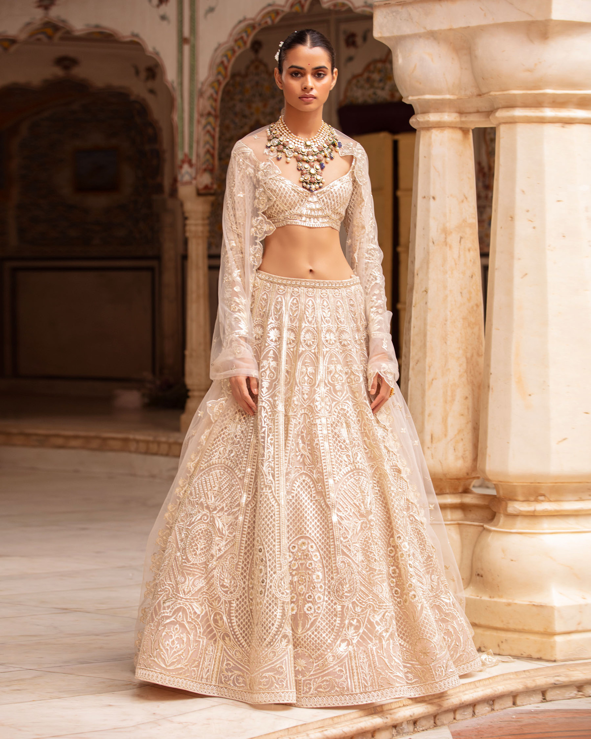 Zayla Powder Pink-based, Light Gold Lehenga Set With Crystals
