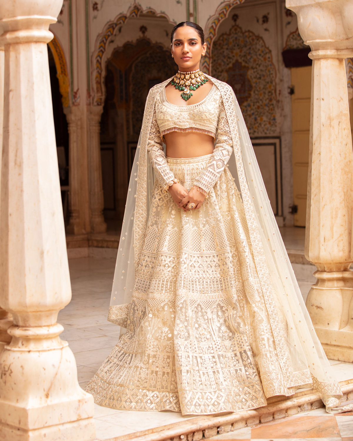 Gracelyn Creme-based, Light Gold Lehenga Set With Foliage Motifs