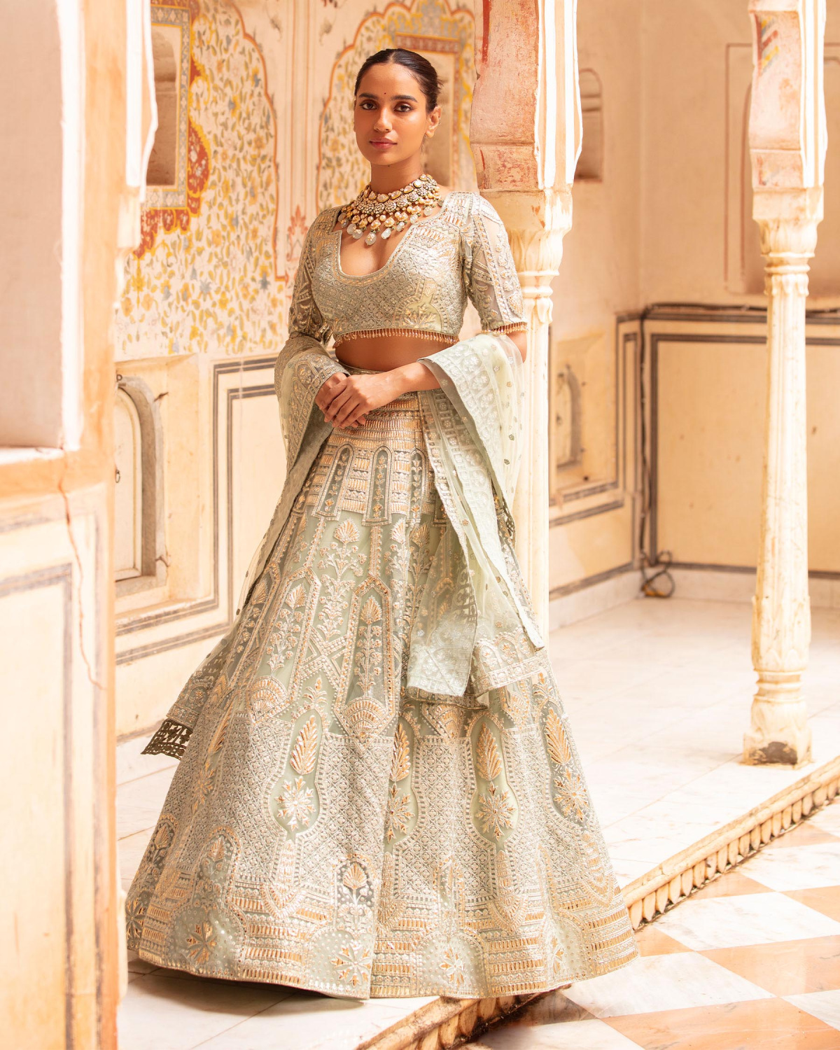 Giovanna Sage Green-based, Light Gold Lehenga Set With Architectural Motifs