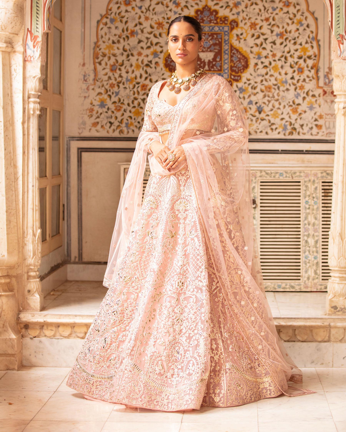 Gemma Powder Pink-based, Light Gold Lehenga Set With Foliage Motifs