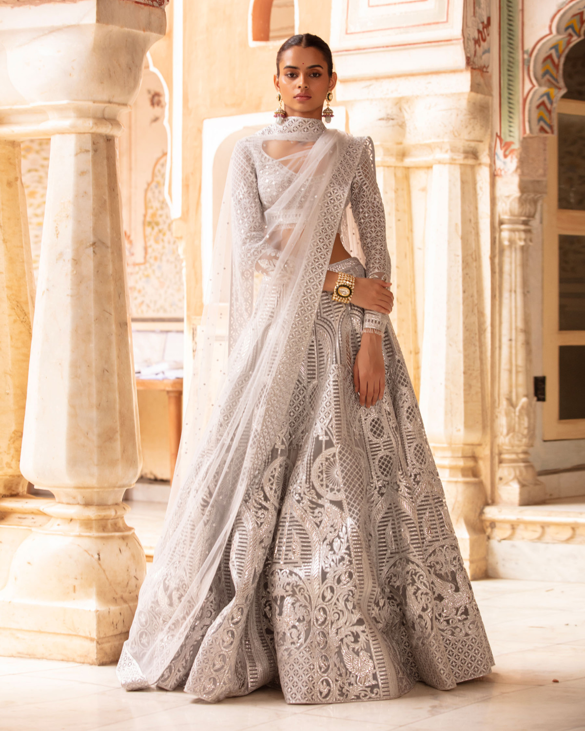 Gabriella Cloud Grey-based, Silver Lehenga Set With Ivory Threadwork