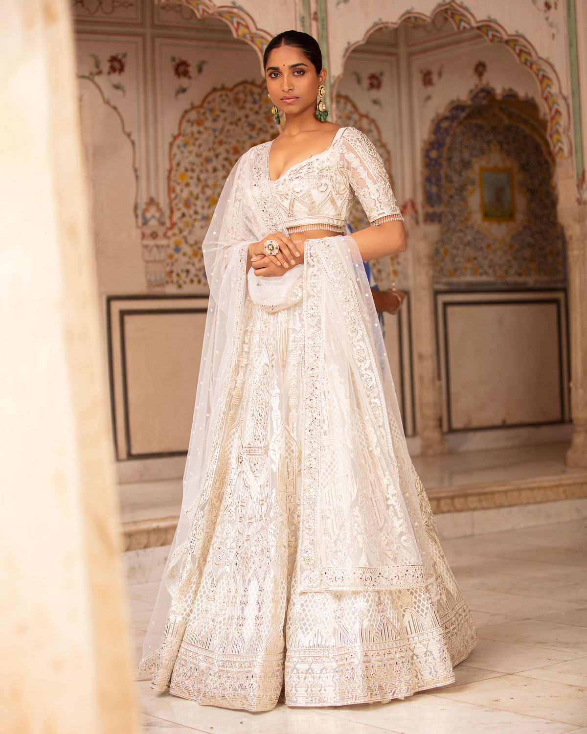 Frida Ivory-based, Light Gold Lehenga Set With Chrome Applique
