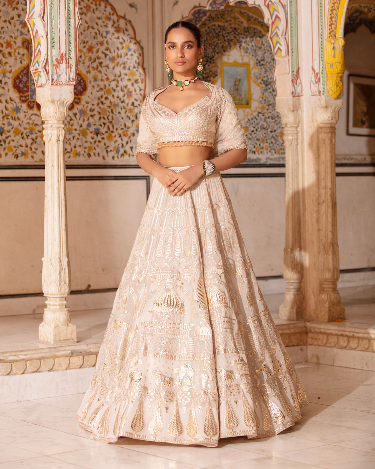 Francesca Light Beige-based, Light Gold Lehenga Set With Palanquin Motifs