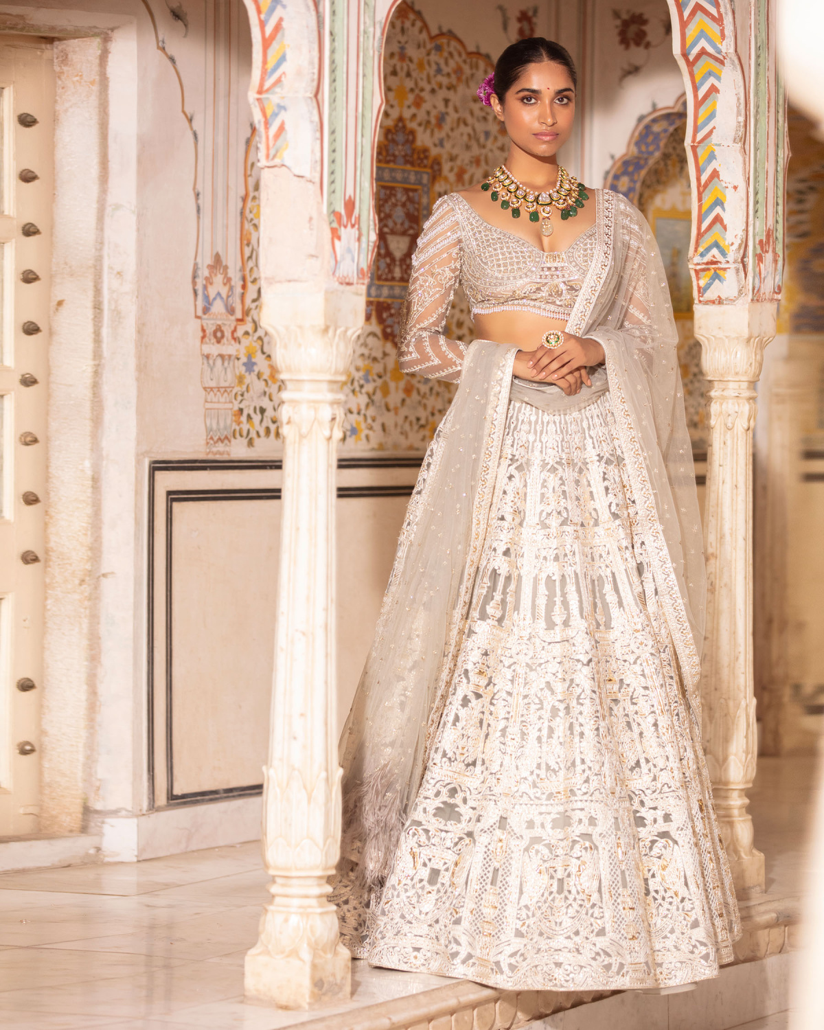 Felicity Quiet Grey, Light Gold Lehenga Set With Architectural Motifs