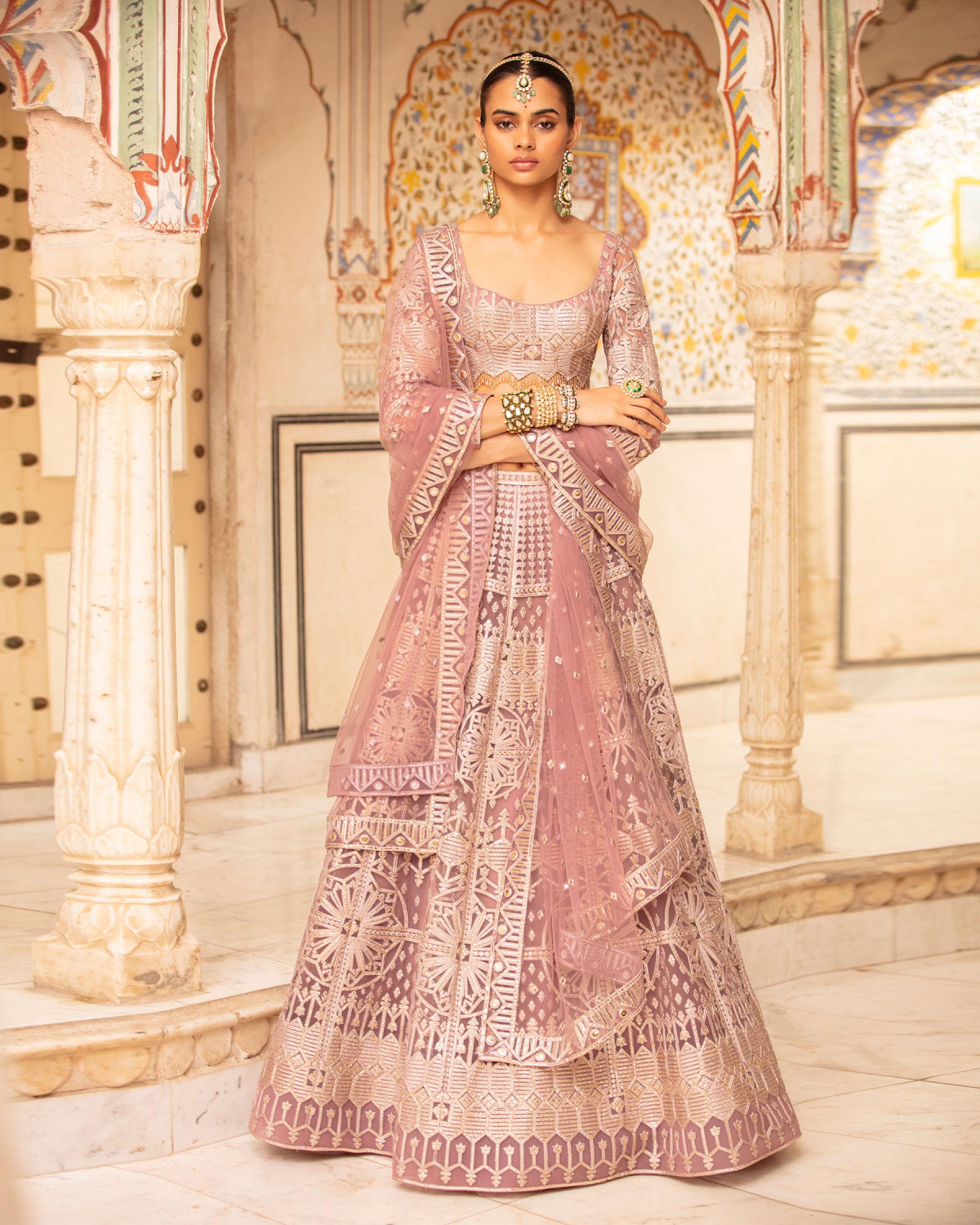 Faye Rose Quartz Pink, Light Gold Lehenga Set With Geometric Motifs
