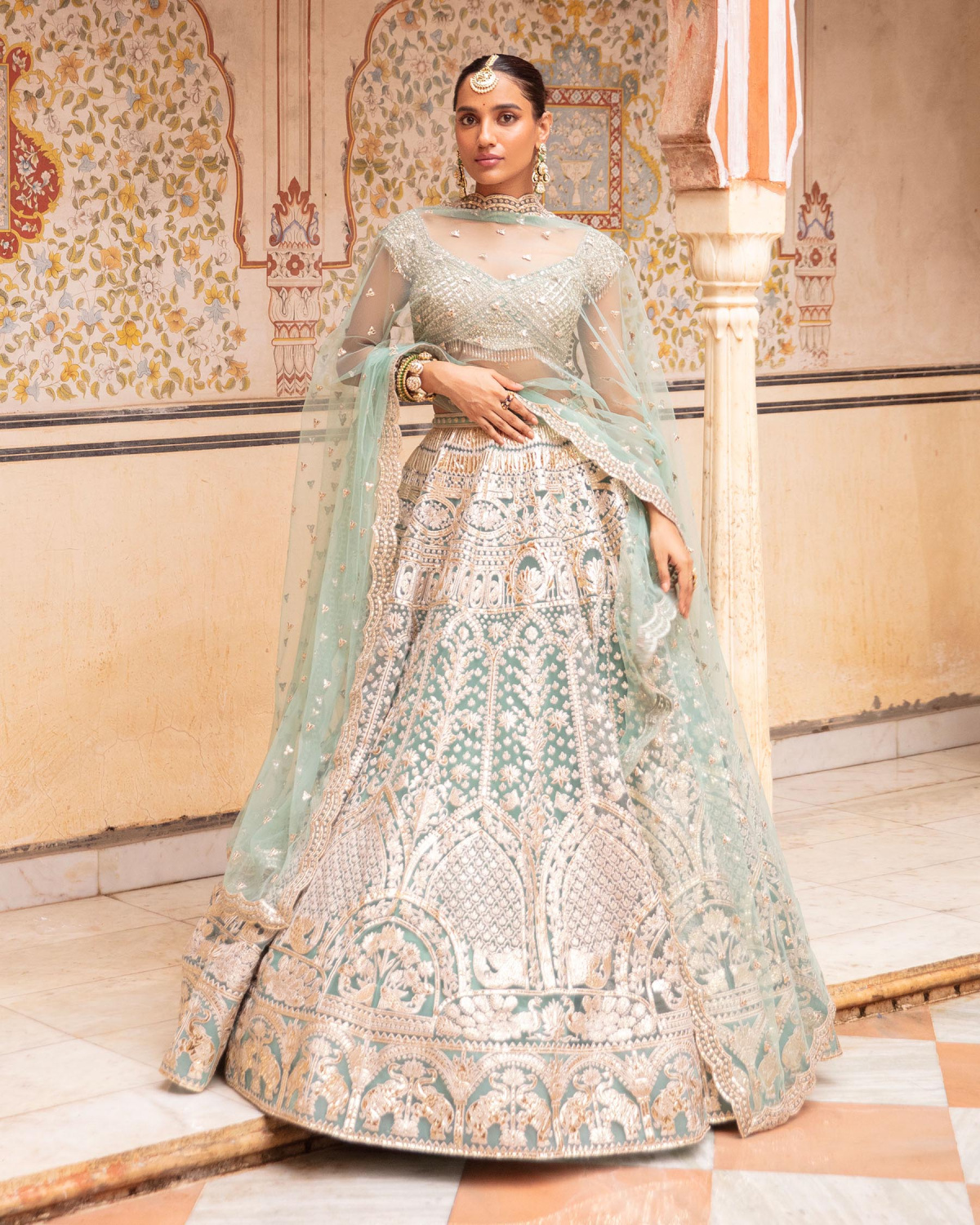 Everly Opal Blue, Light Gold Lehenga Set With Cropped Blouse