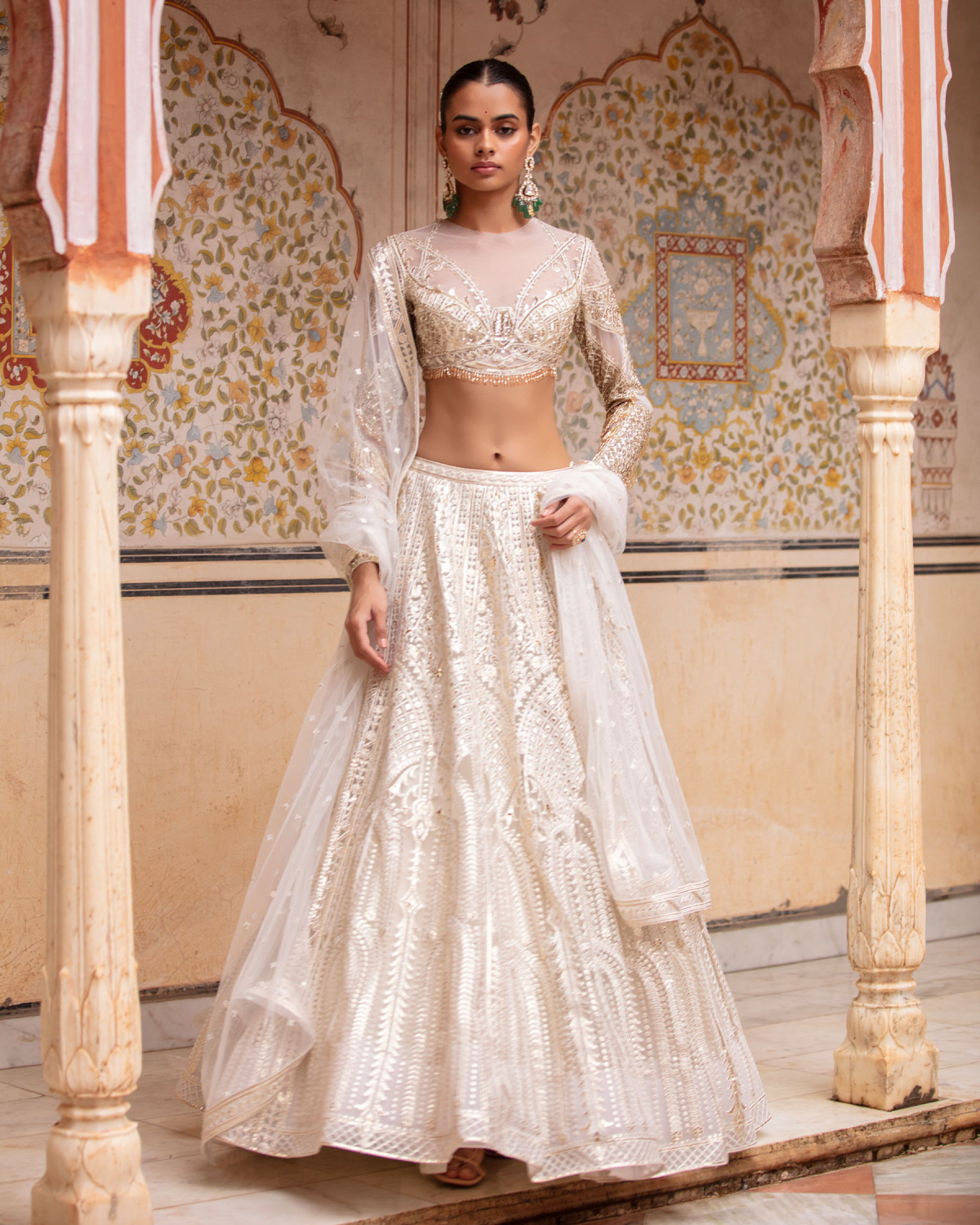 Eva Beige-based, Light Gold Lehenga Set With Tulle Dupatta