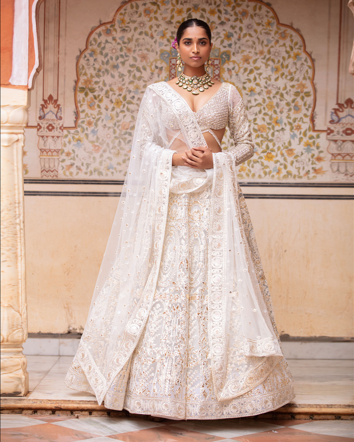 Estella Ivory-based, Light Gold Lehenga Set With Sequins And Tassels