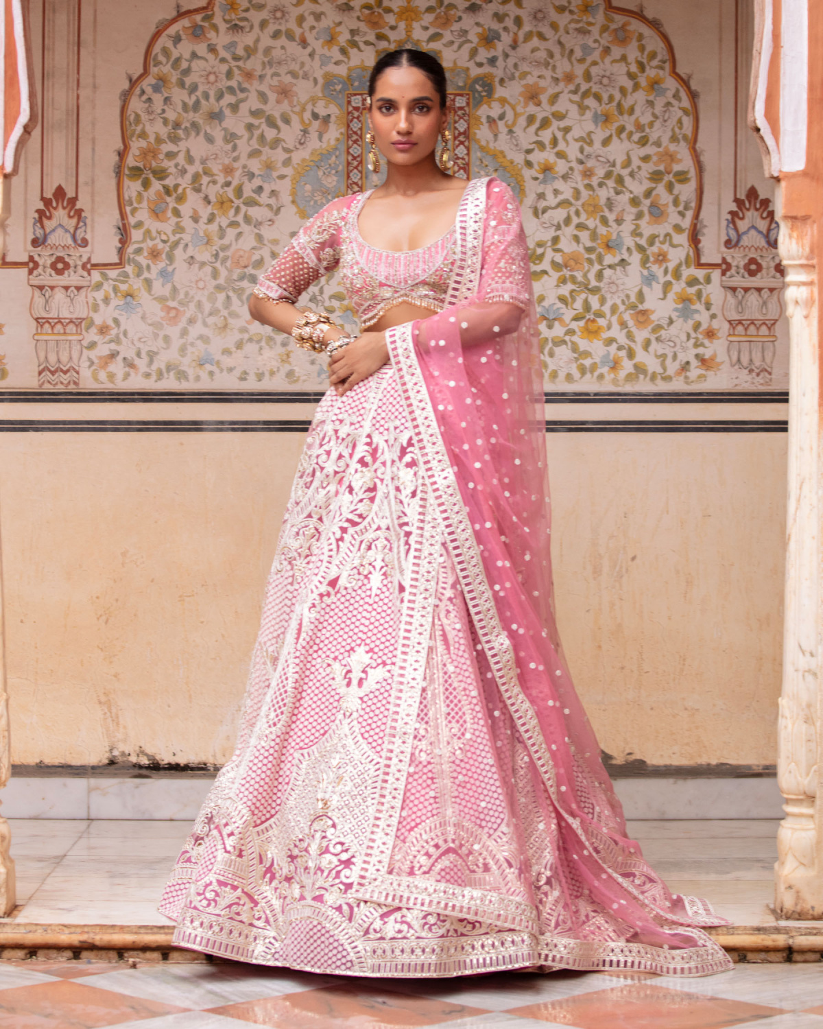 Elora Candy Pink, Light Gold Lehenga Set With Full-sleeved Cropped Blouse