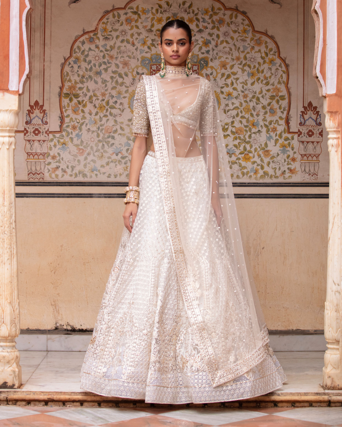 Ellen Ivory-based, Light Gold Lehenga Set With Deep Neck