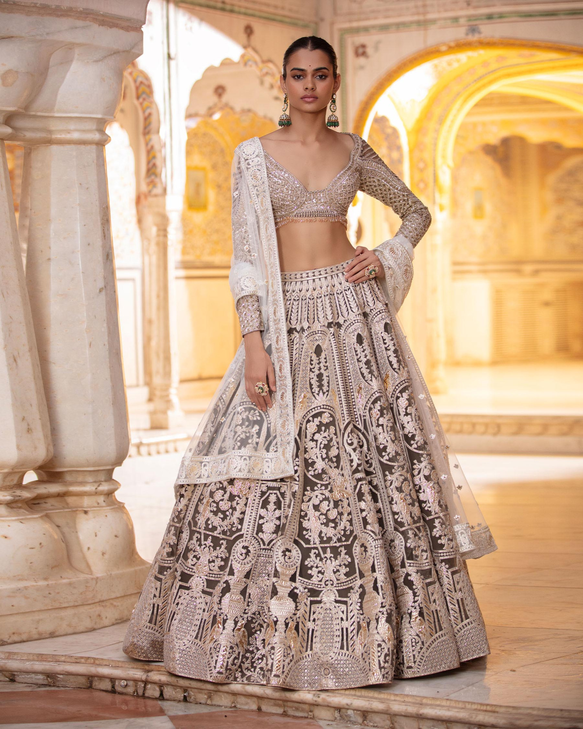 Elizabeth Dark Grey, Light Gold Lehenga Set With Chrome Applique