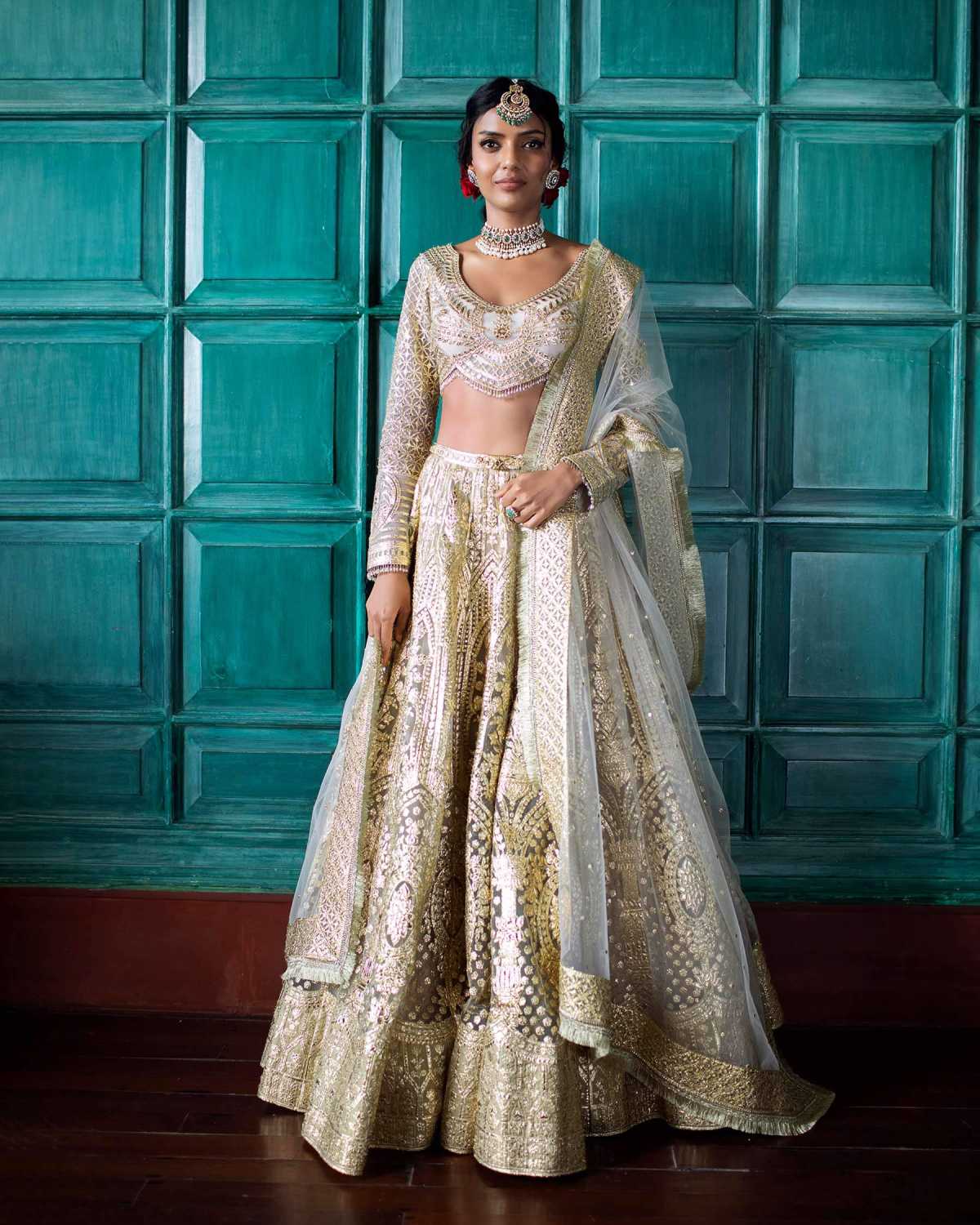 Lilou Grey-based, Golden Chrome Applique Lehenga Set