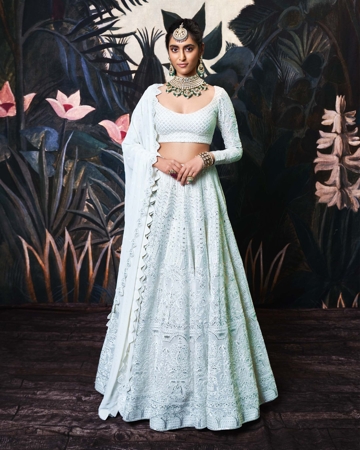 Allie Ivory Georgette Lehenga Set With Silver Foil Work