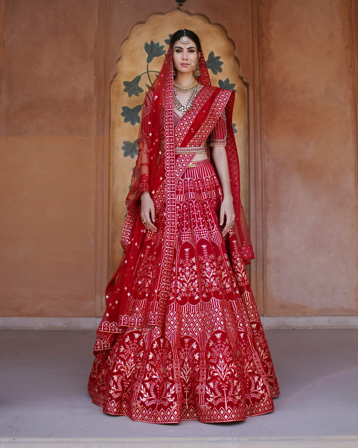 Eléa Red Chrome Applique Lehenga Set Featuring Foliage Motifs