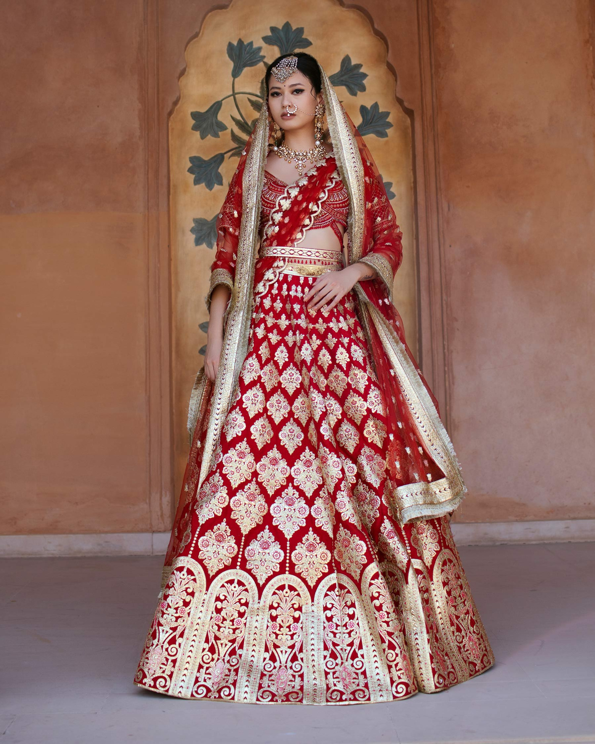 Justyne Red Chrome Applique Lehenga Set Teamed With A Handcrafted Blouse