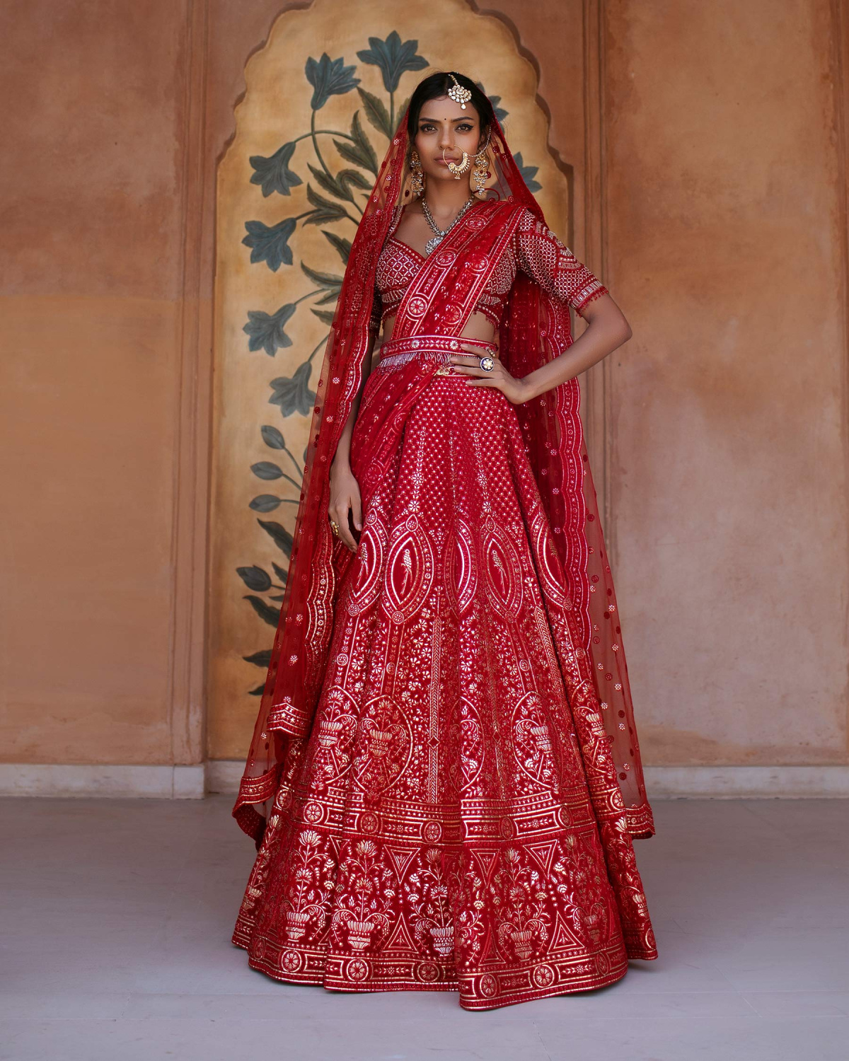 Hughette Red Chrome Applique Lehenga Set Featuring Floral Motifs