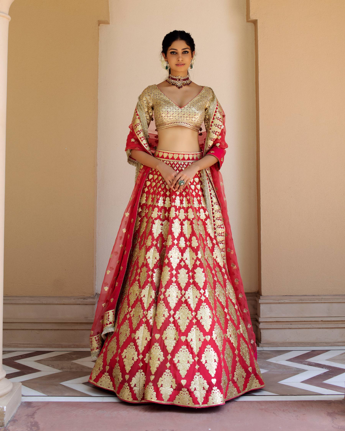 Muriel Coral Red Lehenga Set With Golden Chrome Applique Details